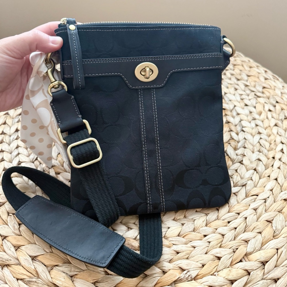 COACH monogram black canvas classic crossbody bag with bow